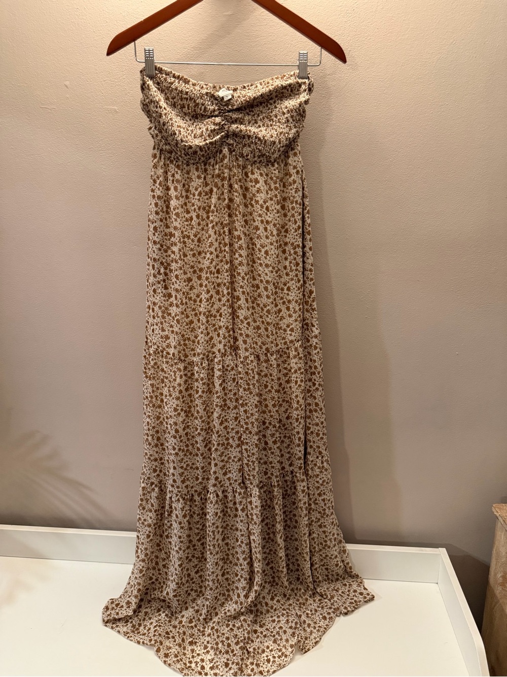 Flawless Floral Strapless Maxi Dress Brown Cream Smocked Tiered Boho Small